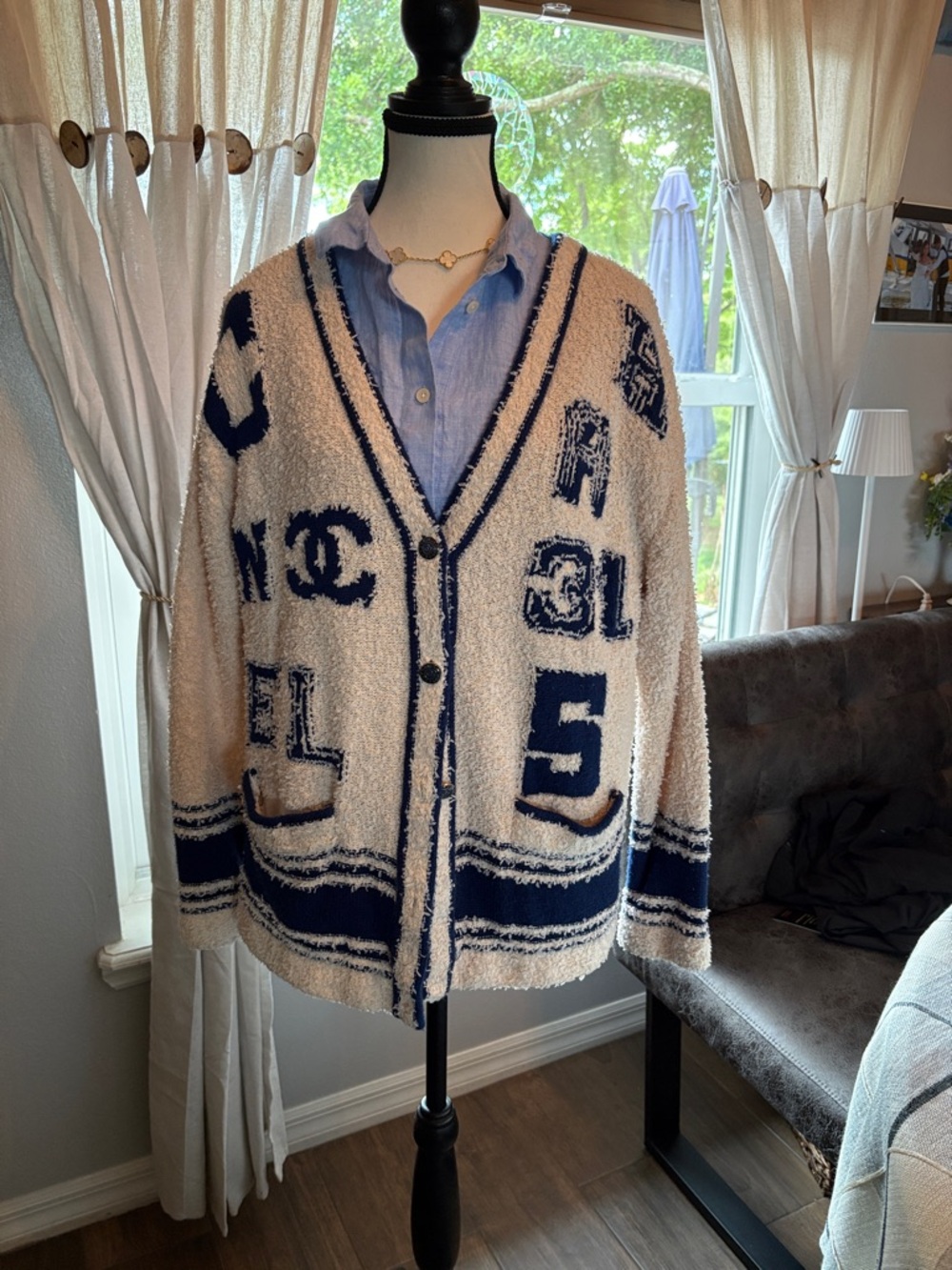 Smaller VARSITY Cream & Navy Logo Cardigan